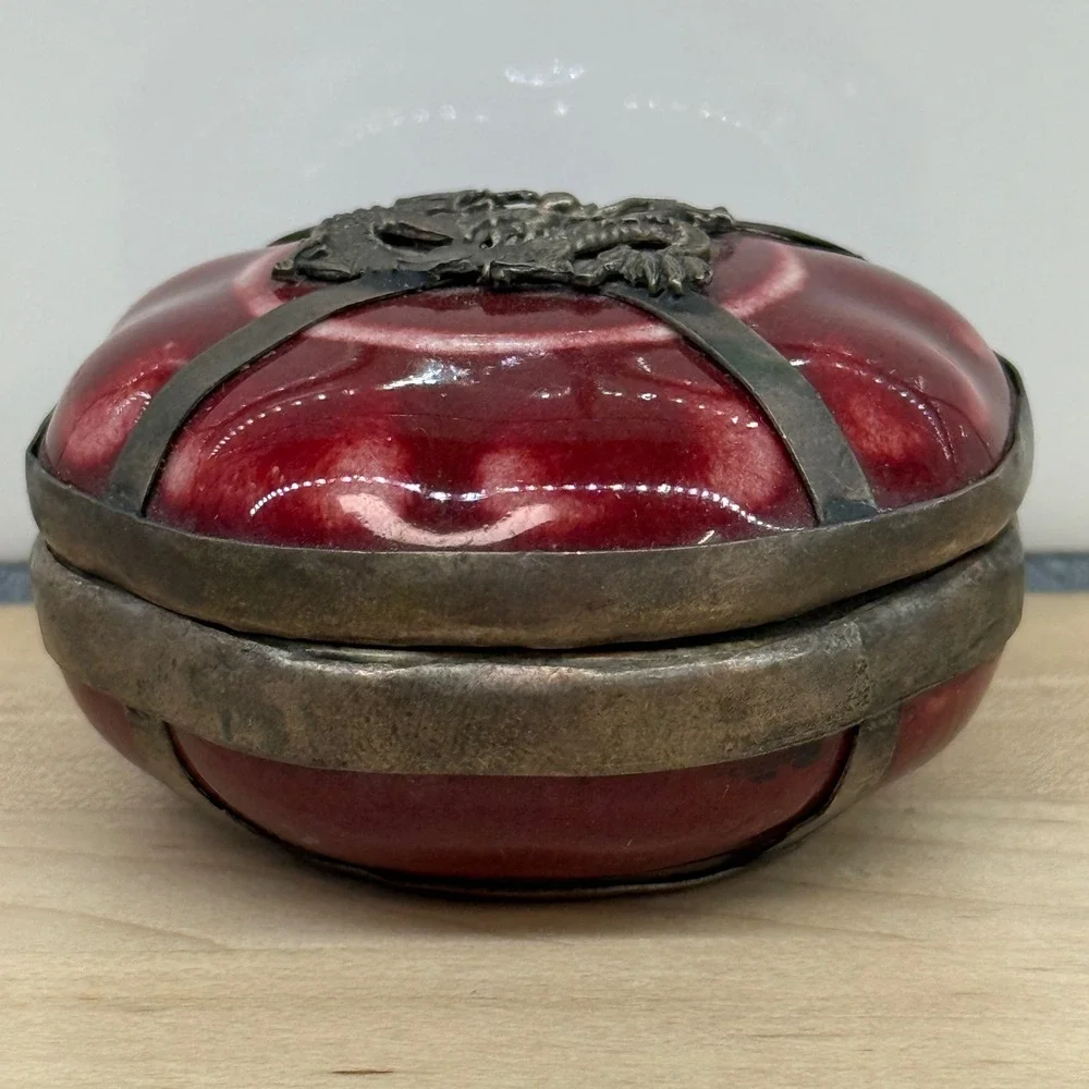 Vintage Chinese Dragon Porcelain Trinket Box Red stamped‎ Metal Wrap 2.5in raku